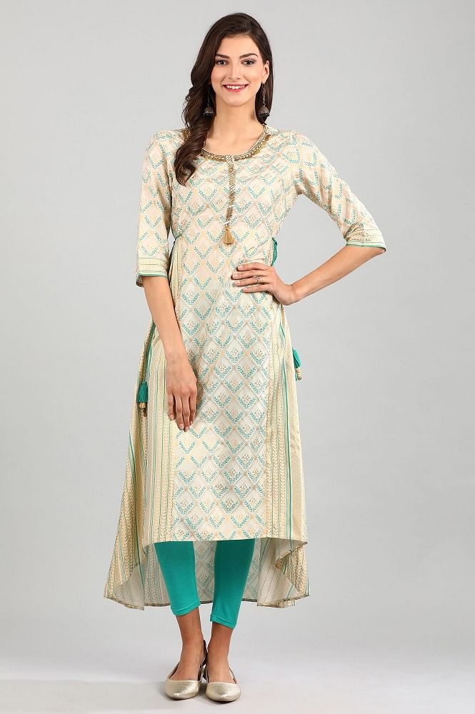 Cream Round Neck Asymmetrical kurta Set