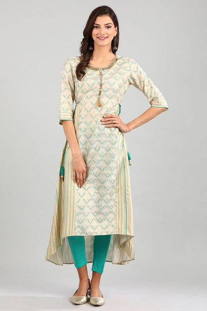 Cream Round Neck Asymmetrical kurta Set