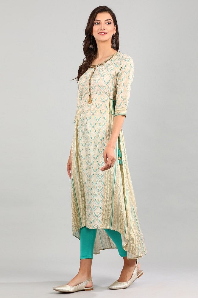 Cream Round Neck Asymmetrical kurta Set