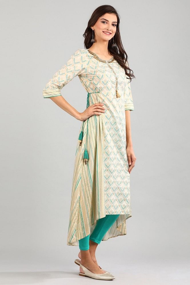 Cream Round Neck Asymmetrical kurta Set