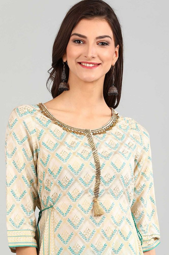 Cream Round Neck Asymmetrical kurta Set