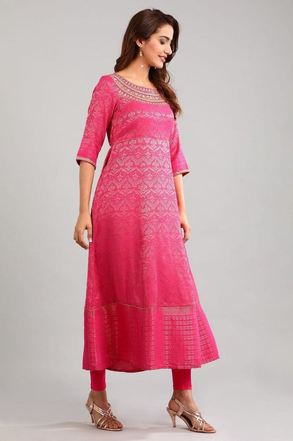 Pink Round Neck Yarn-dyed kurta Set