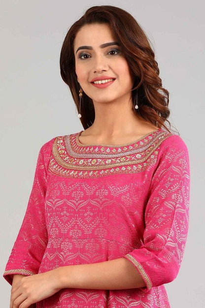 Pink Round Neck Yarn-dyed kurta Set