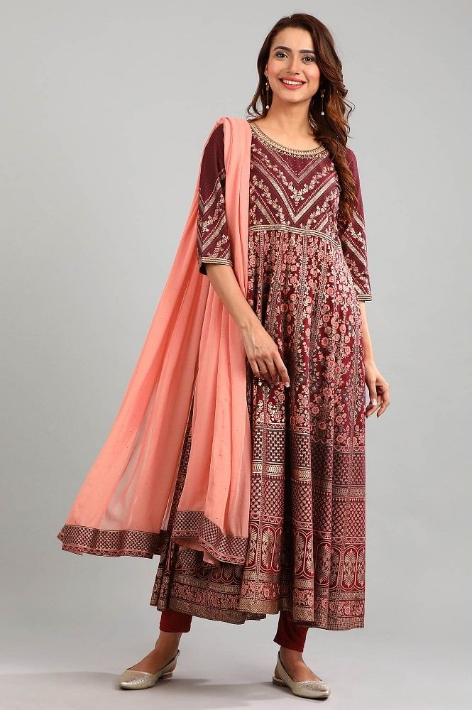 Wine Round Neck Embellished kurta Set