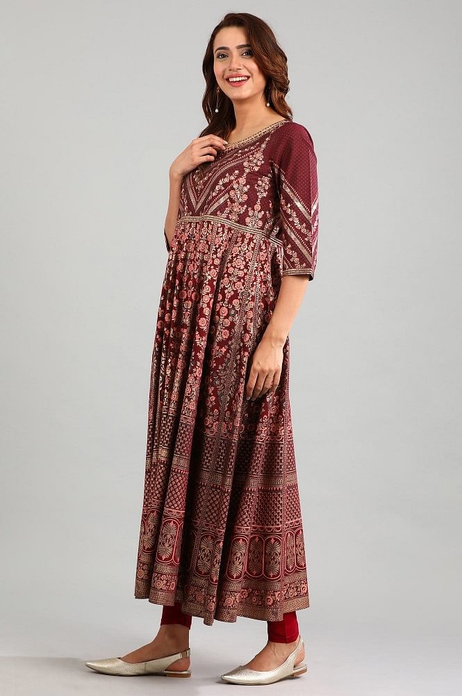 Wine Round Neck Embellished kurta Set