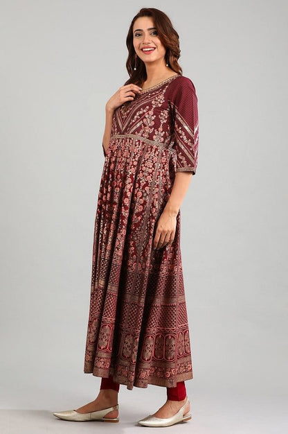 Wine Round Neck Embellished kurta Set