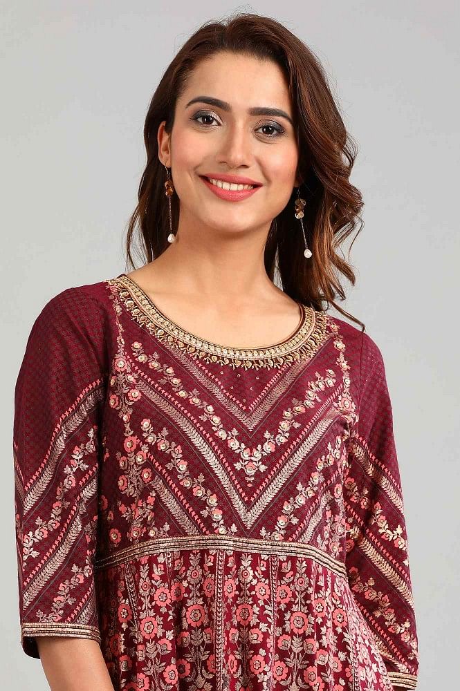 Wine Round Neck Embellished kurta Set