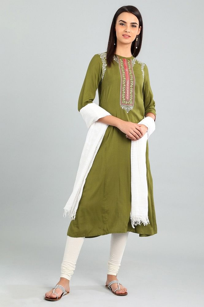 Green Band Collar Solid kurta