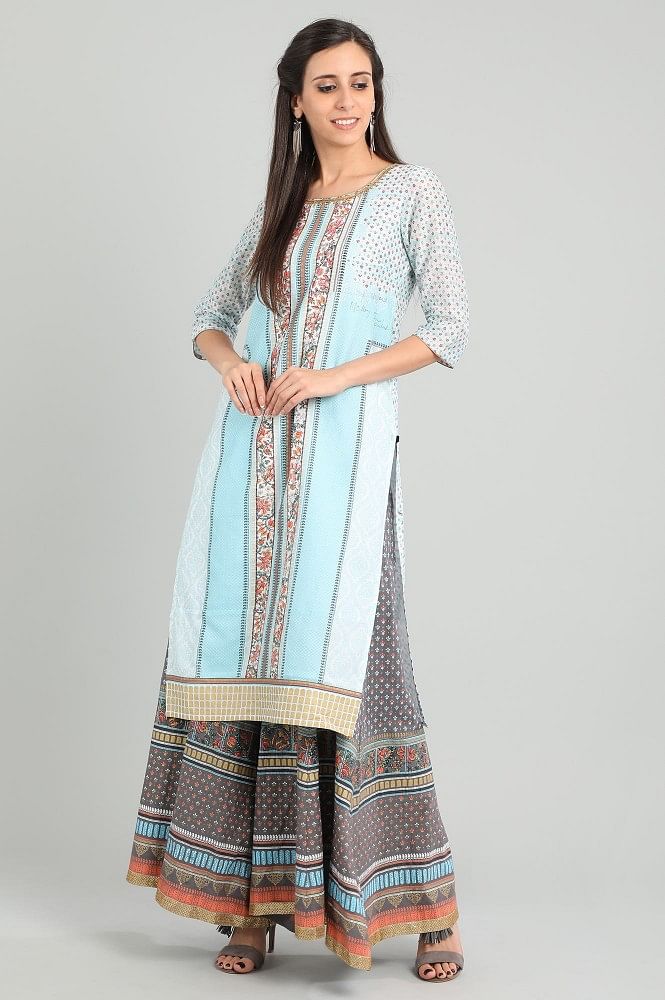 Blue Round Neck Printed kurta Set