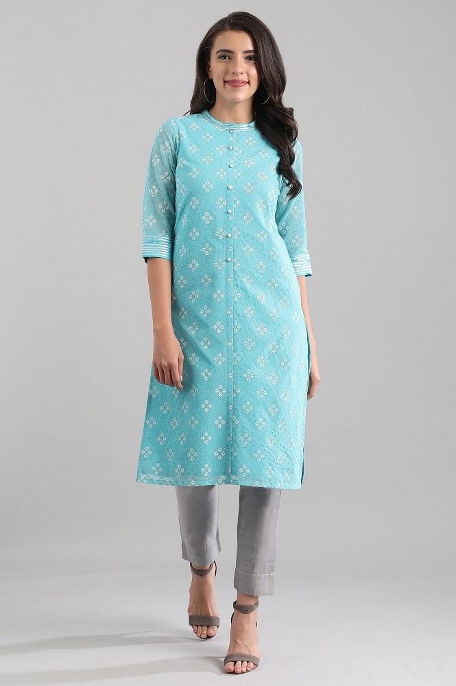 Blue Band Collar Printed kurta