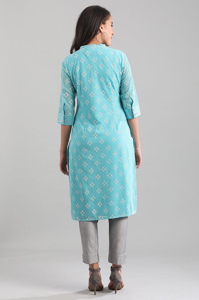 Blue Band Collar Printed kurta
