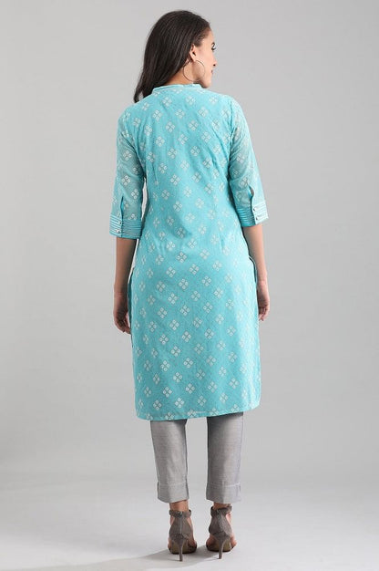 Blue Band Collar Printed kurta