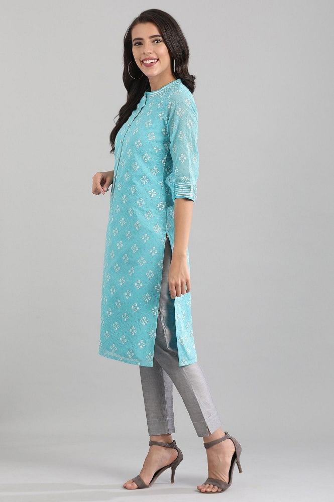 Blue Band Collar Printed kurta