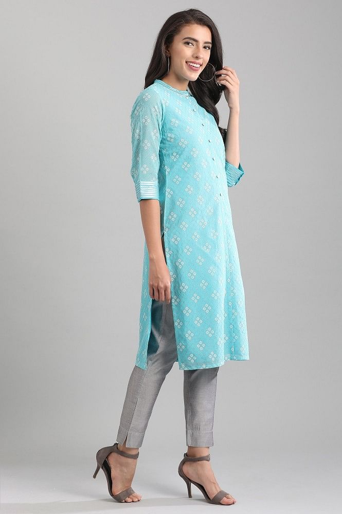 Blue Band Collar Printed kurta