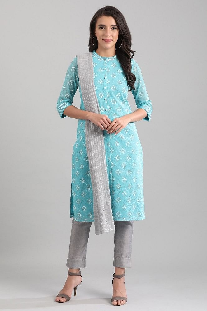 Blue Band Collar Printed kurta