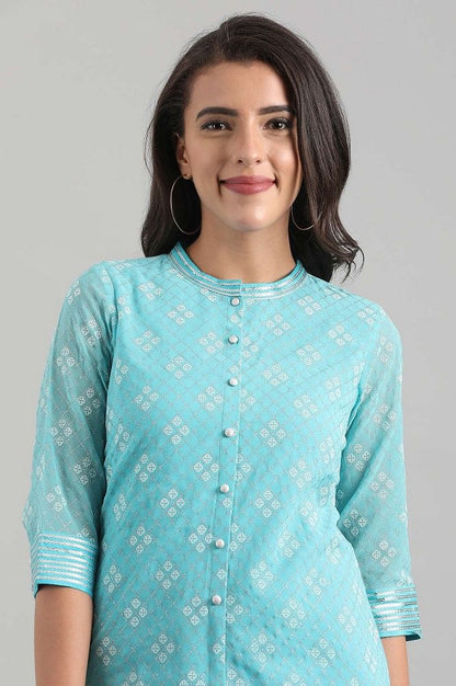 Blue Band Collar Printed kurta