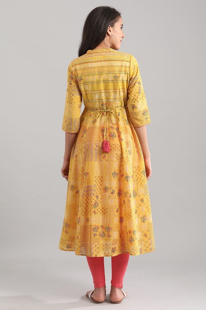 Yellow Band Collar Floral Printed kurta
