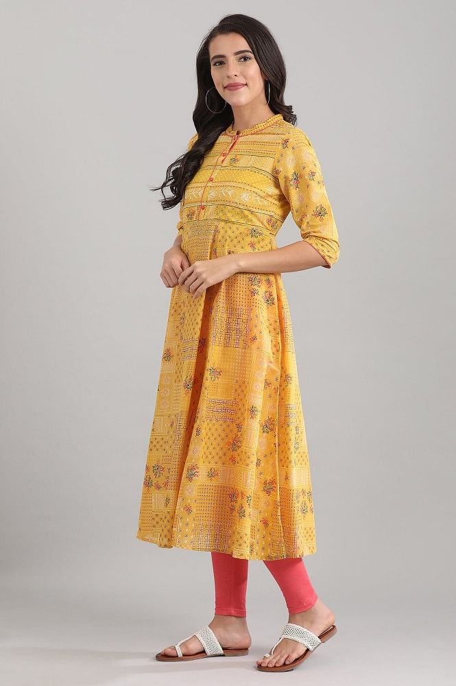 Yellow Band Collar Floral Printed kurta