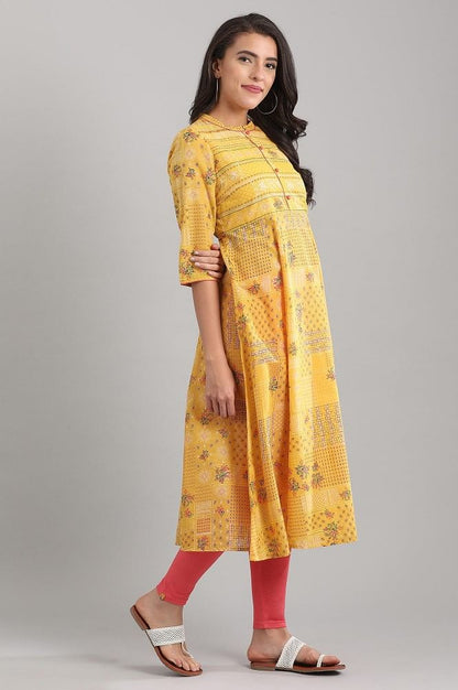 Yellow Band Collar Floral Printed kurta