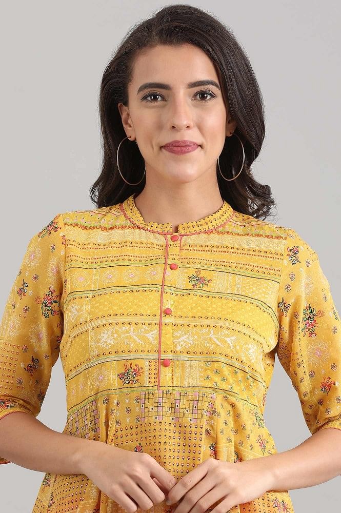 Yellow Band Collar Floral Printed kurta