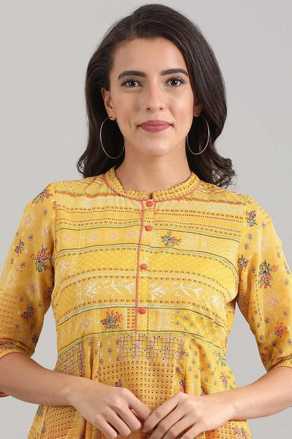 Yellow Band Collar Floral Printed kurta