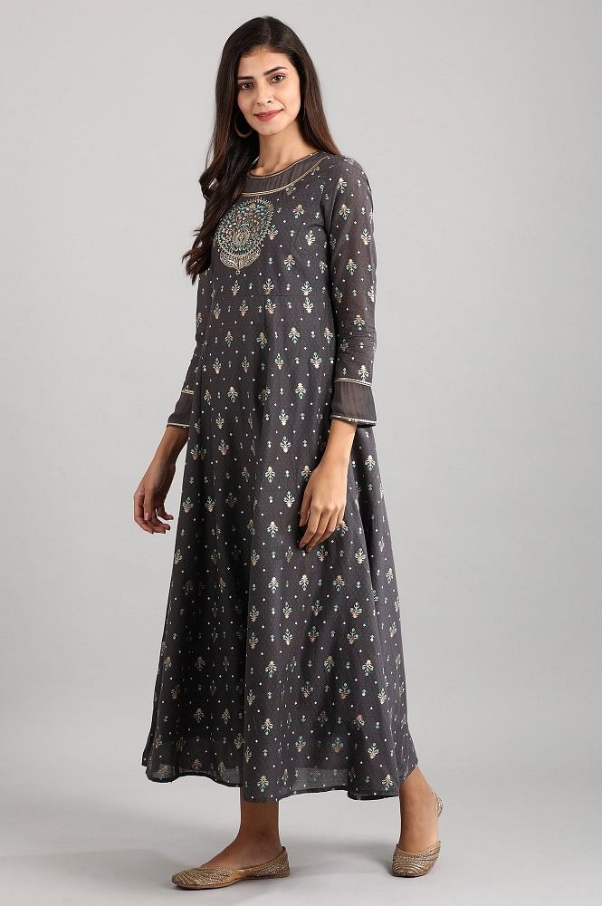 Grey Round Neck Printed Dress