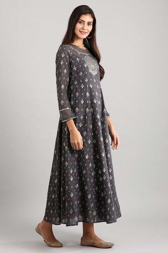 Grey Round Neck Printed Dress