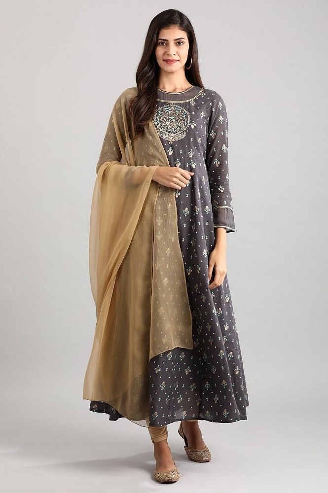Grey Round Neck Printed Dress