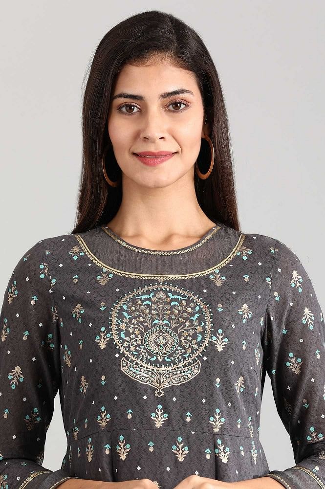 Grey Round Neck Printed Dress