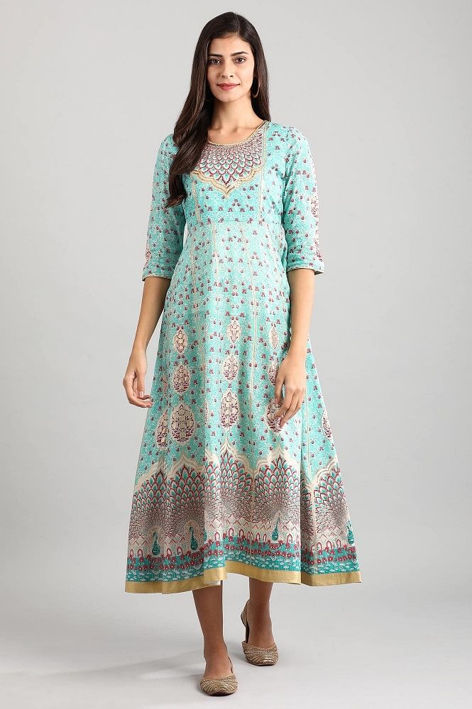 Green Round Neck Printed Dress