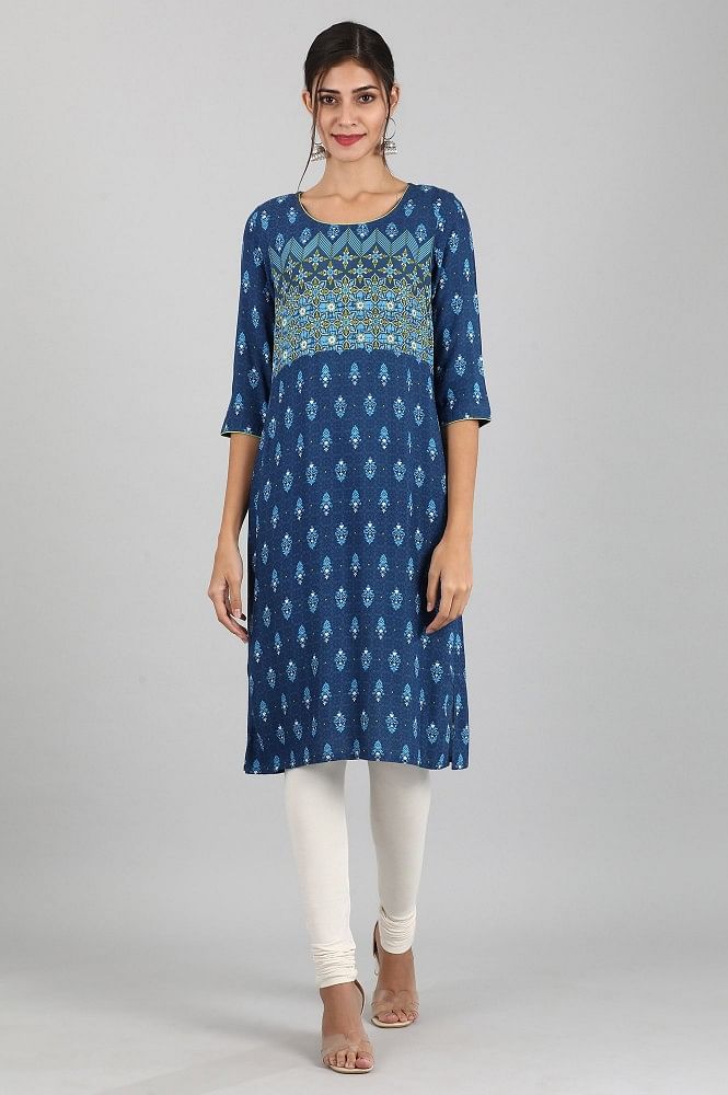Blue Round Neck Printed Liva kurta