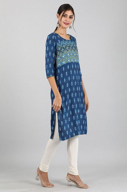 Blue Round Neck Printed Liva kurta