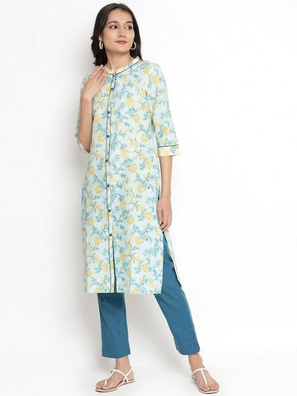 Blue Floral Print kurta &amp; Trousers Set