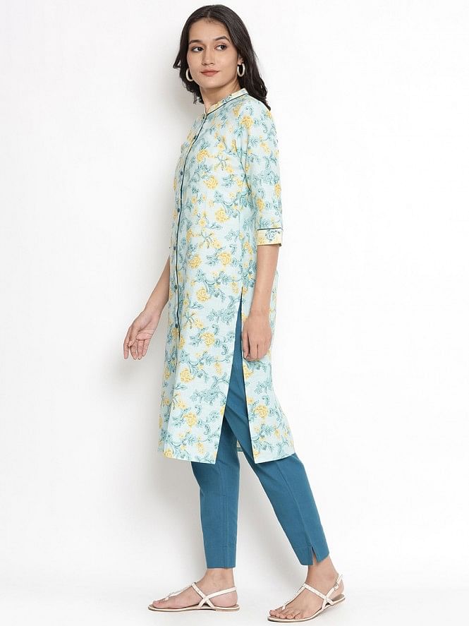 Blue Floral Print kurta &amp; Trousers Set