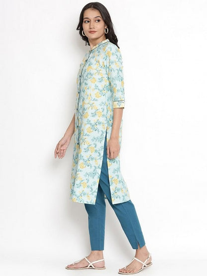 Blue Floral Print kurta &amp; Trousers Set