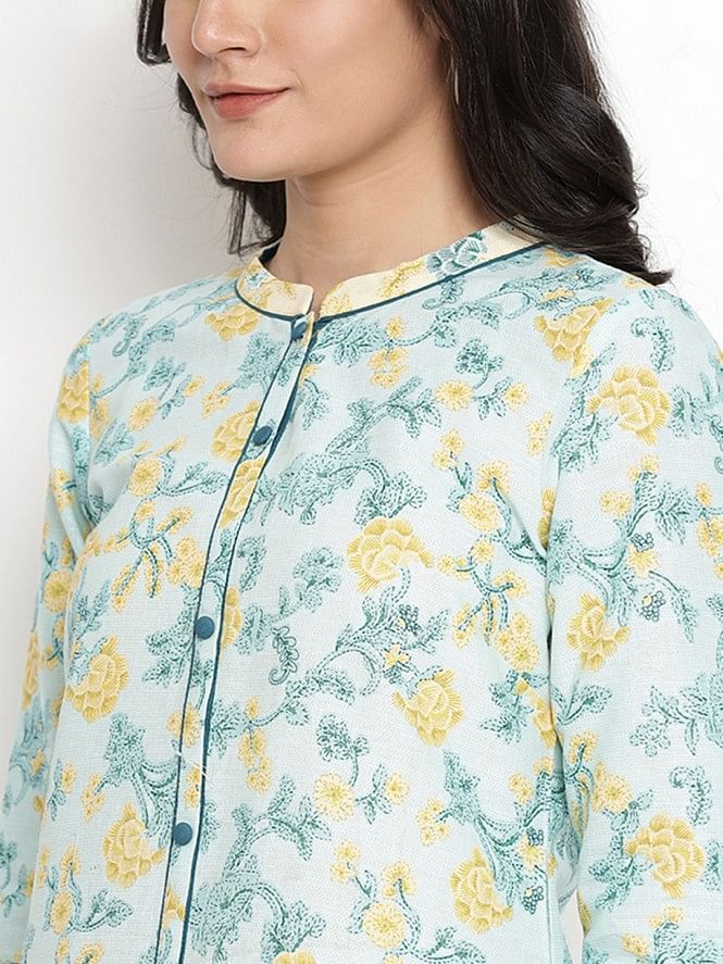 Blue Floral Print kurta &amp; Trousers Set