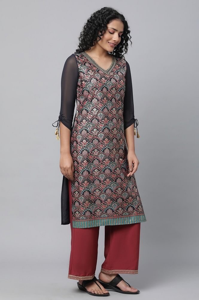 Green Shantung LIVA kurta with Gathered Sharara