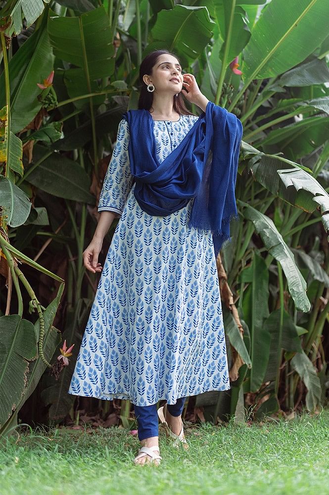 White Flared Kurta with Blue Floral Print