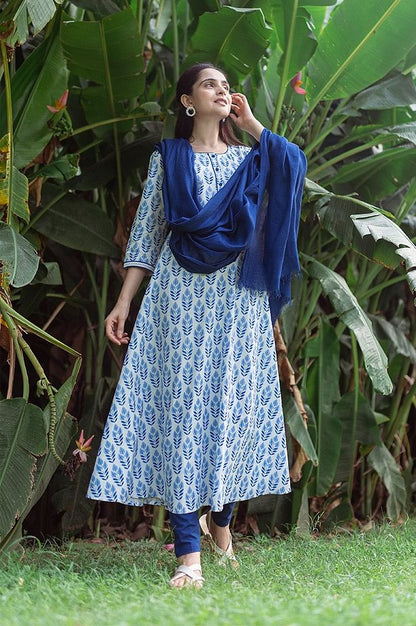 White Flared Kurta with Blue Floral Print