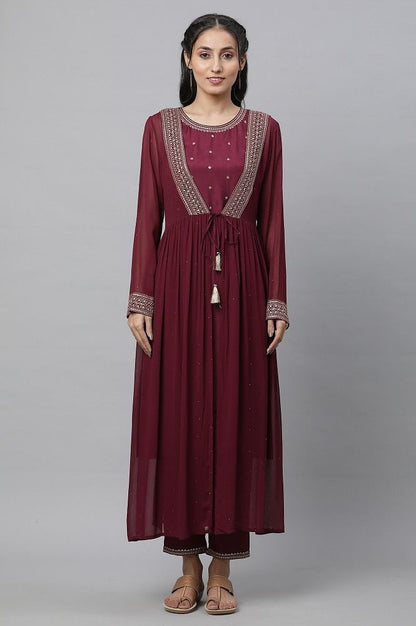 Wine Embroidered Sheer Gilet, Kurta and Pants Set