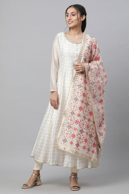 Off-White Embellished Flared Kurta, Tights and Jaquard Dupatta