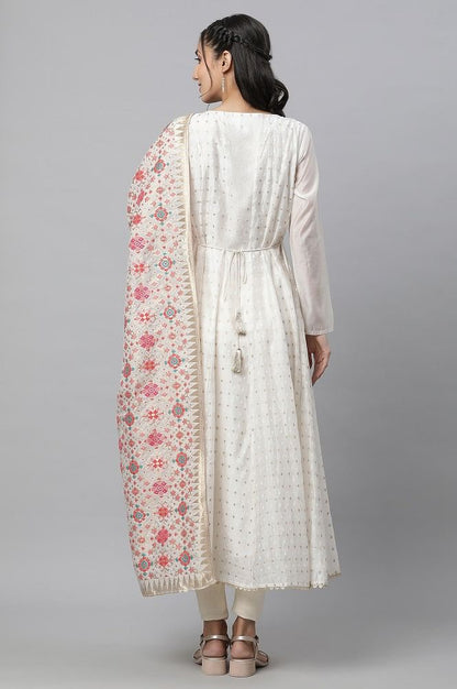 Off-White Embellished Flared Kurta, Tights and Jaquard Dupatta