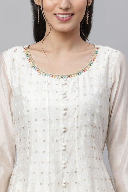 Off-White Embellished Flared Kurta, Tights and Jaquard Dupatta