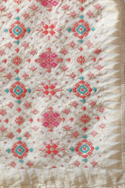 Off-White Embellished Flared Kurta, Tights and Jaquard Dupatta