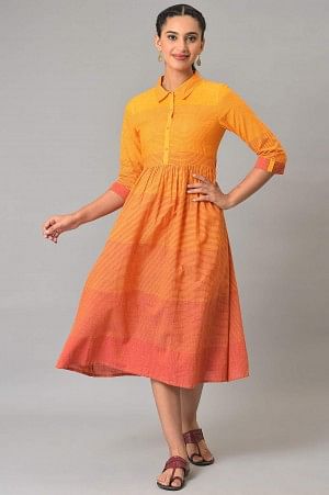 Orange Ombre Shirt Collar Summer Dress - issue