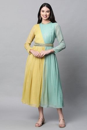 Blue And Yellow Floor Length Festive Dress With Belt