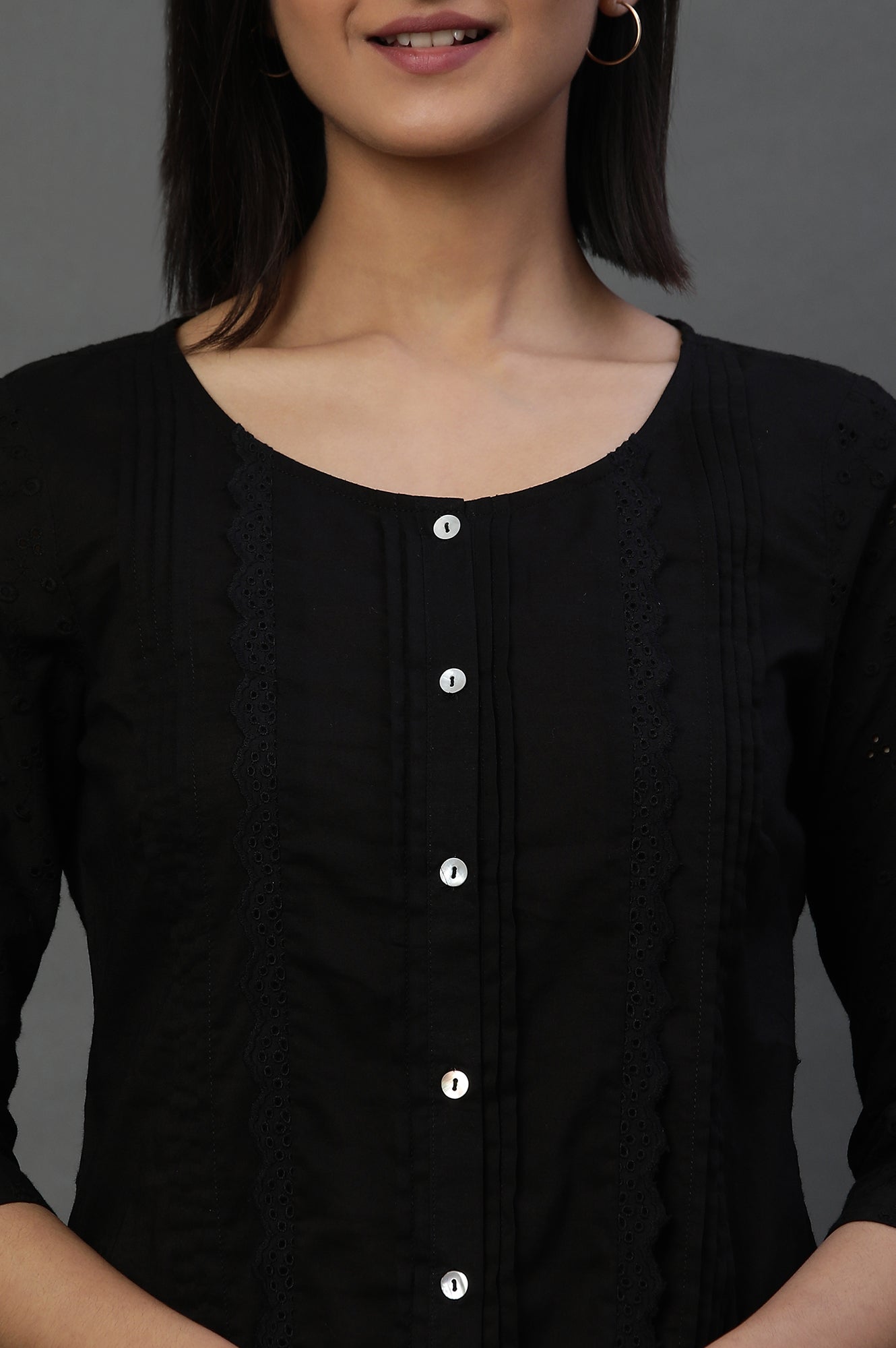 Black Front Pleated Schiffli Short Kurti