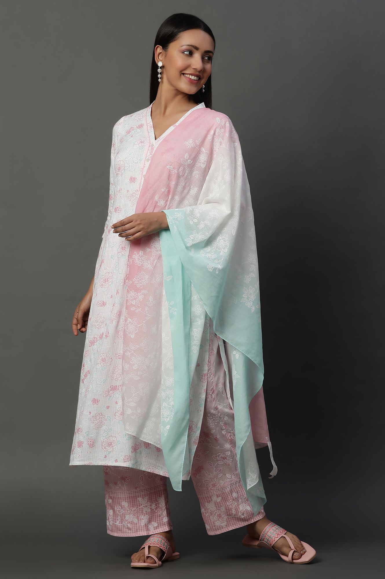 Multi-coloured Floral Printed Cotton Mulmul Stole